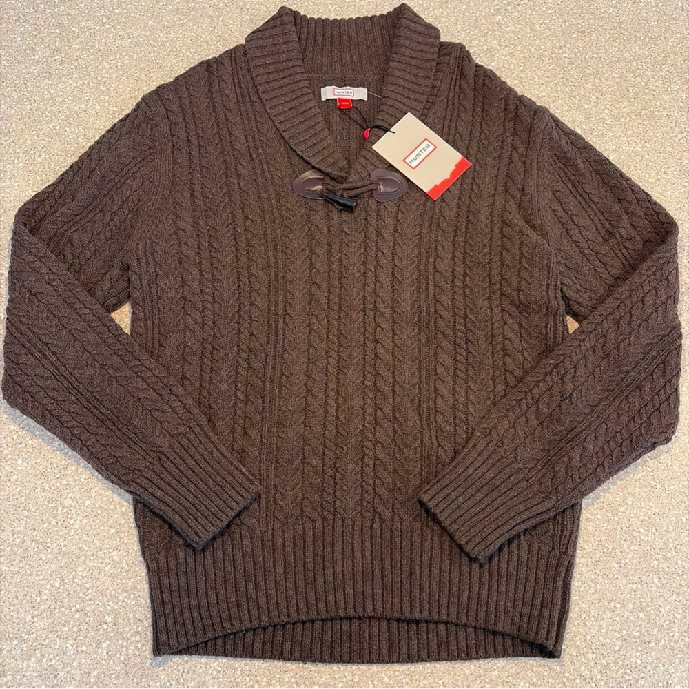 NWT Hunter Cable Knit Shawl Collar Sweater Brown Wool Blend Men’s Medium M $139